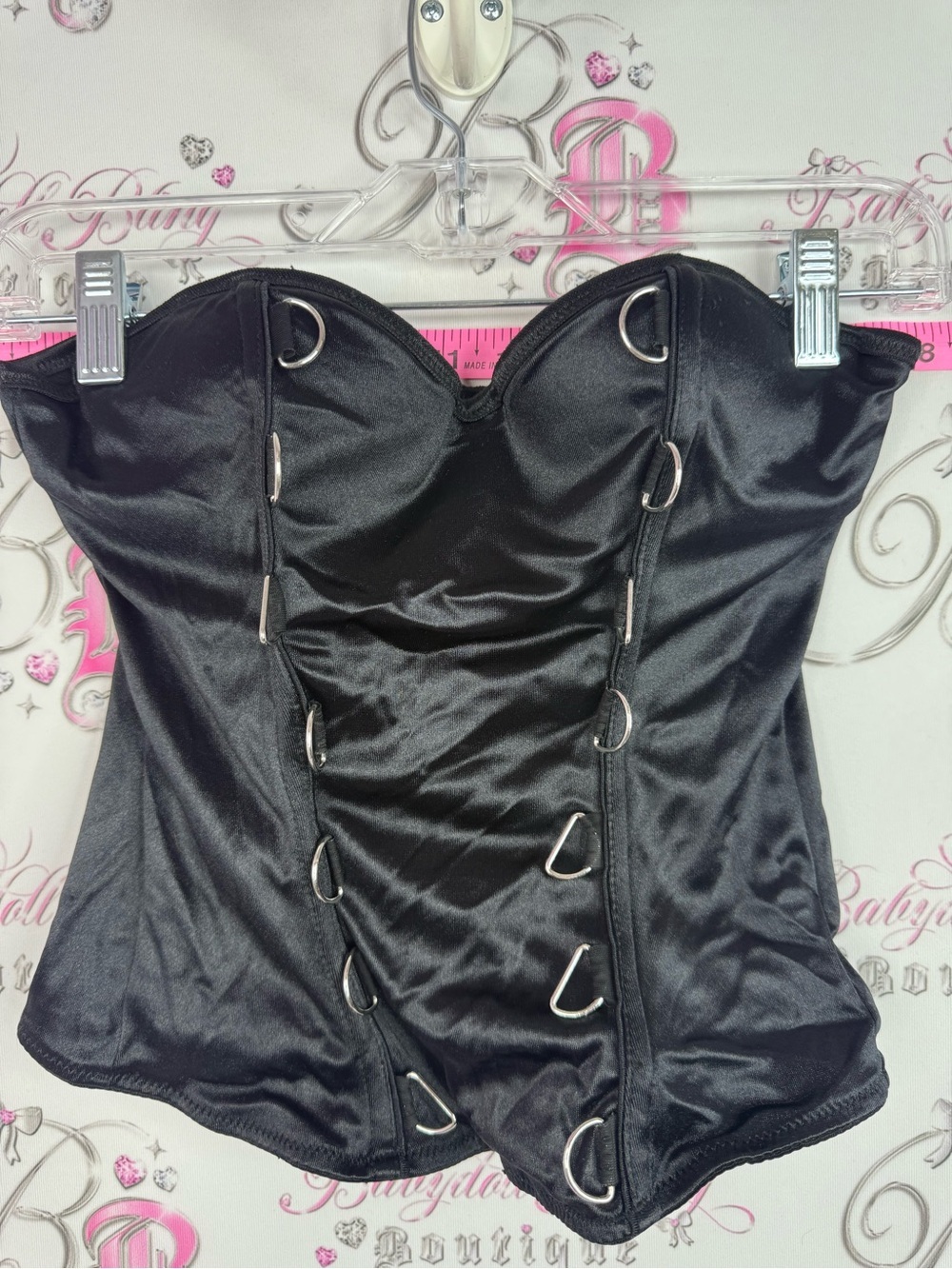 Spirit Halloween bustier Black Satin Strapless Corset Top with Silver D-Rings